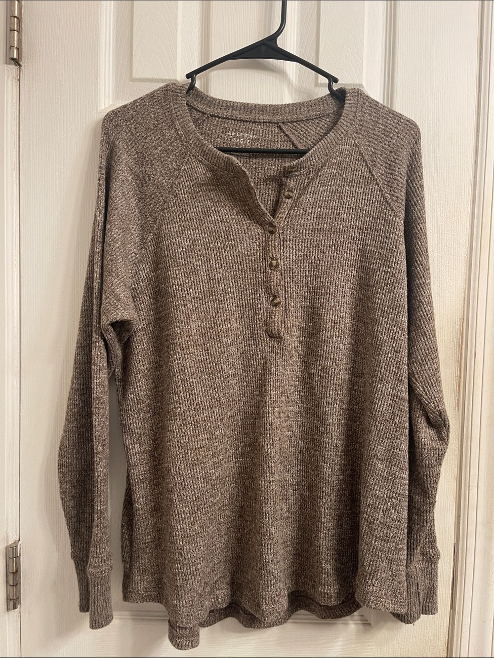 AE Medium Brown Plush Long-Sleeve Henley T-Shirt